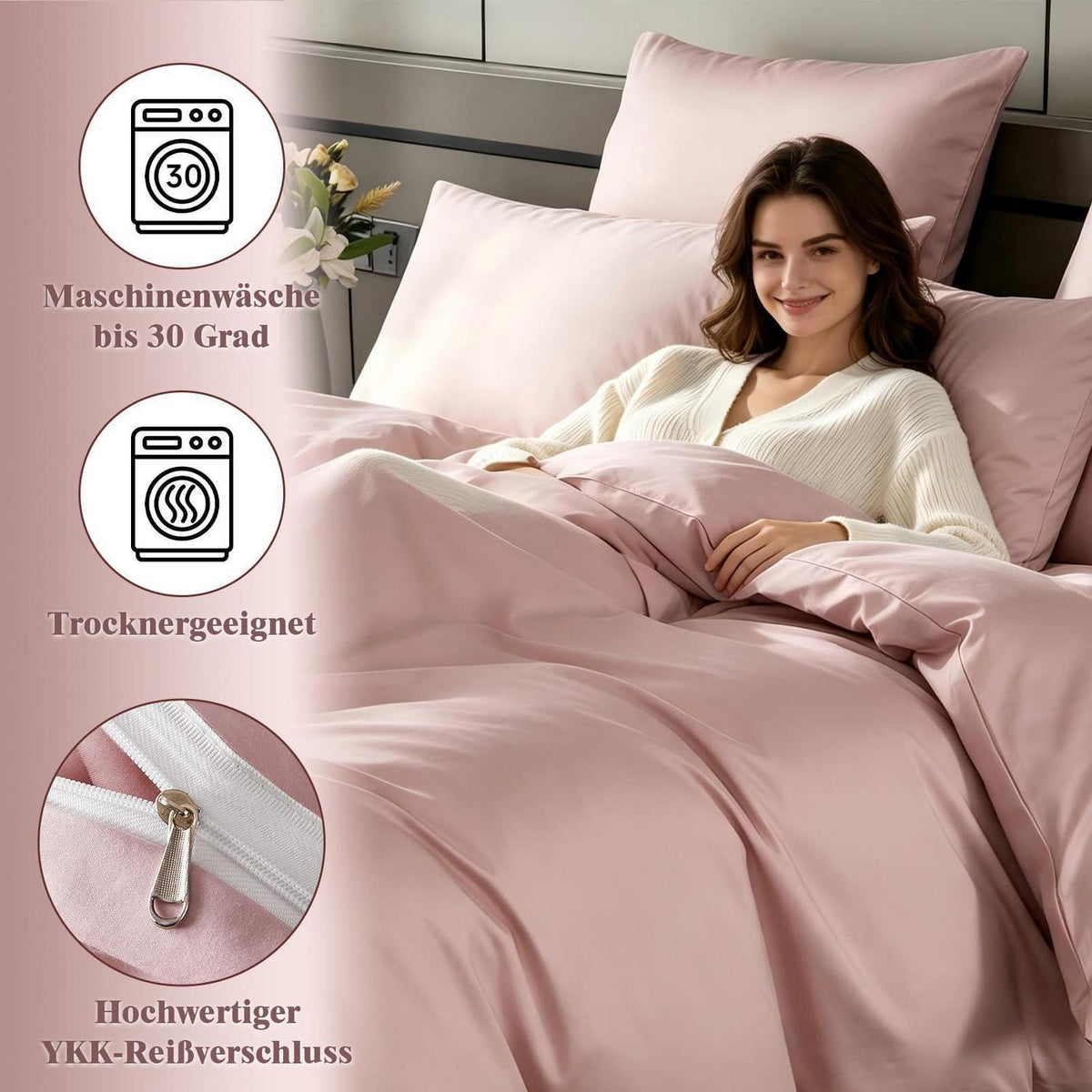 Satin Bettwäsche Set 200x220 cm Rosa Baumwolle
