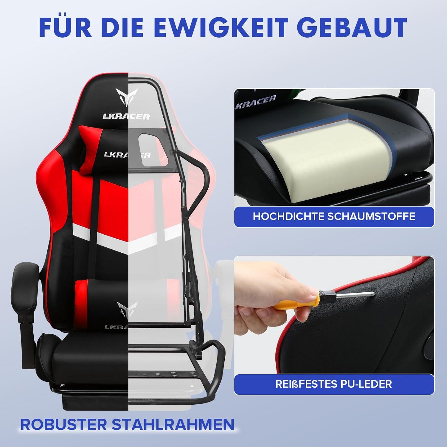 Ergonomischer Gaming Stuhl mit Fußstütze und Kopfkissen Rot