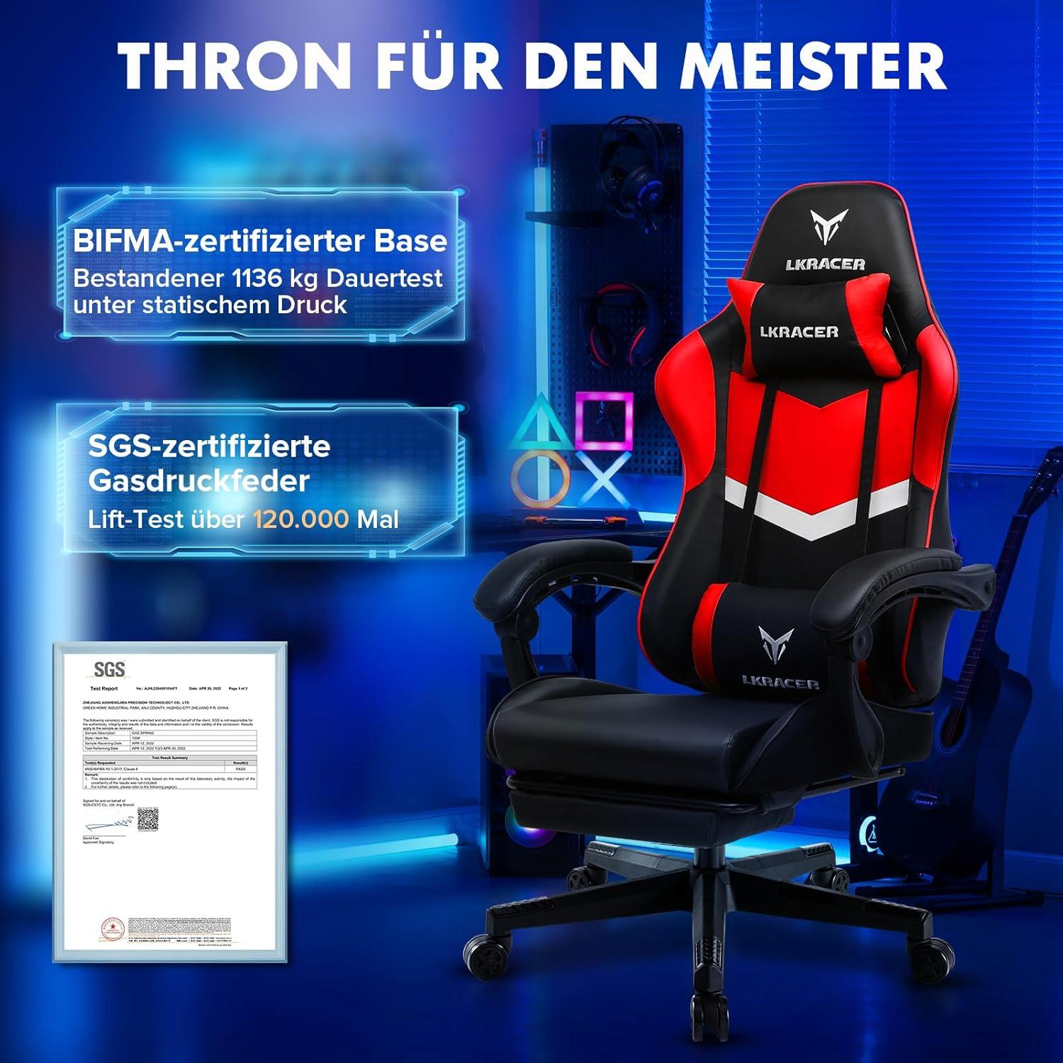 Gaming Stuhl Ergonomisch mit Fußstütze, Kopf- und Lendenkissen, Höhenverstellbar, 150 kg Belastbarkeit Rot
