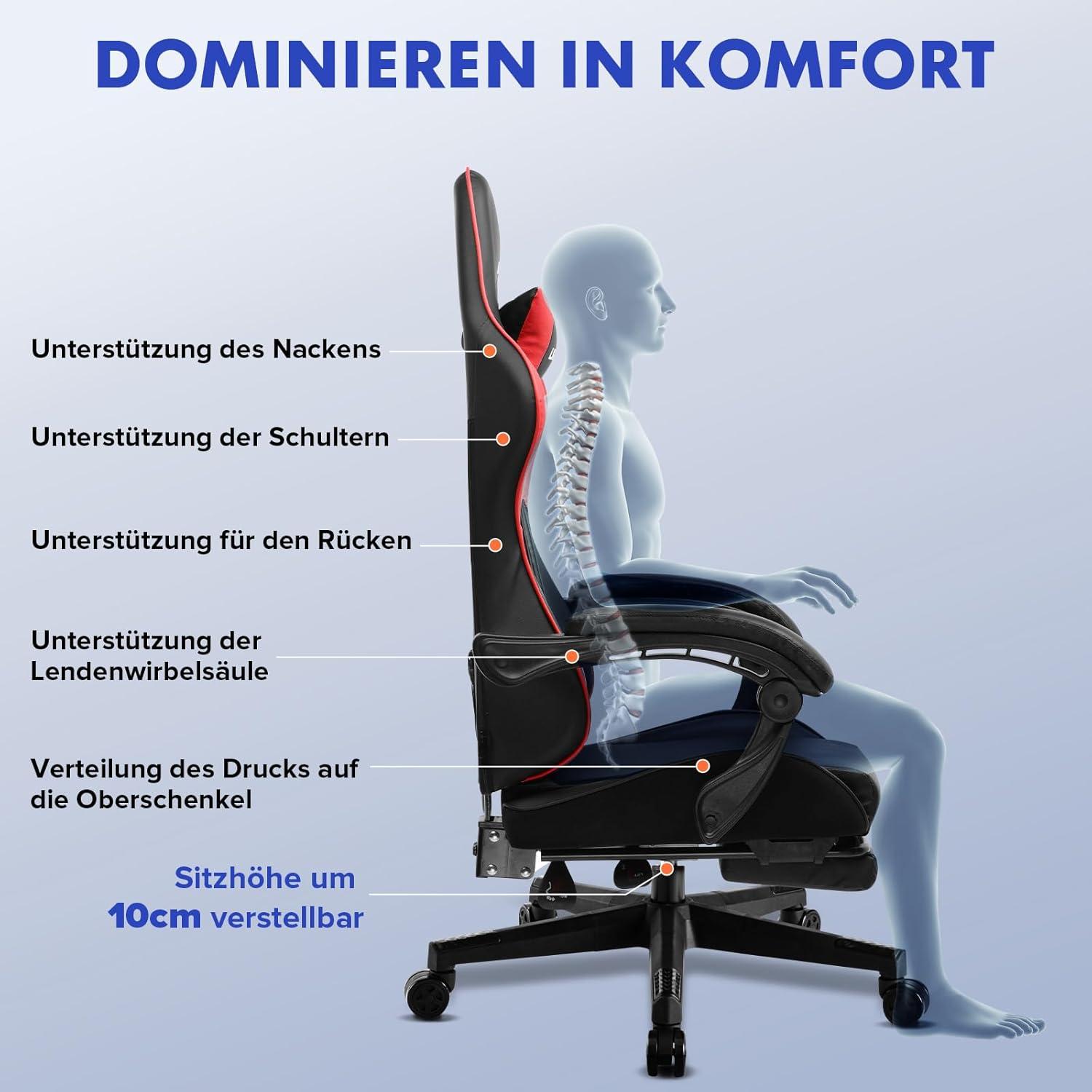 Ergonomischer Gaming Stuhl mit Fußstütze und Kopfkissen, Rot