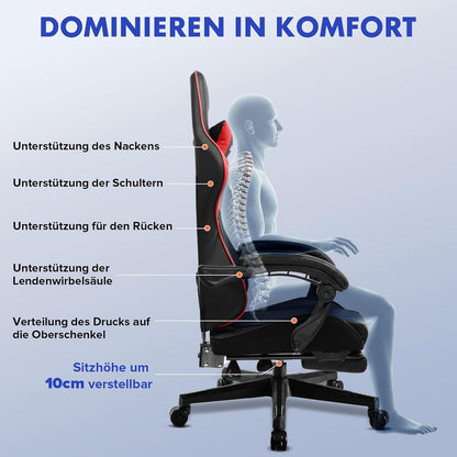 Ergonomischer Gaming Stuhl mit Fußstütze und Kopfkissen, Rot