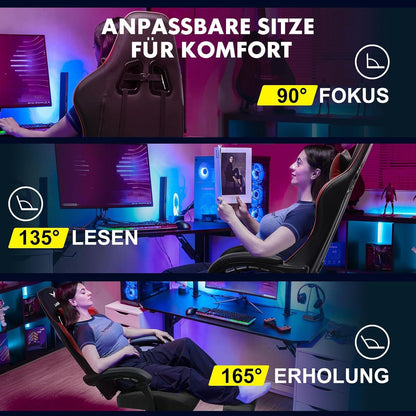 Ergonomischer Gaming Stuhl mit Fußstütze und Kopfkissen, Rot