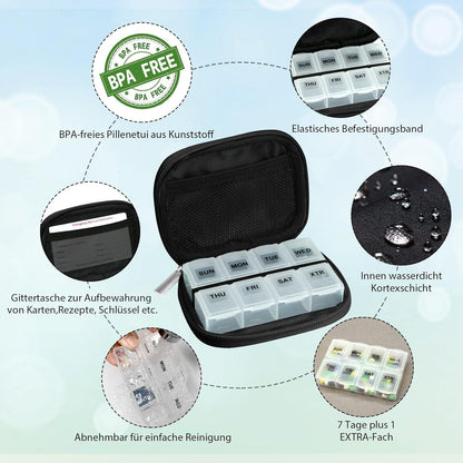 Serfeymi Tablettenbox 7 Tage mit Reißverschluss und Stofftasche - Fischöl-Schwarz