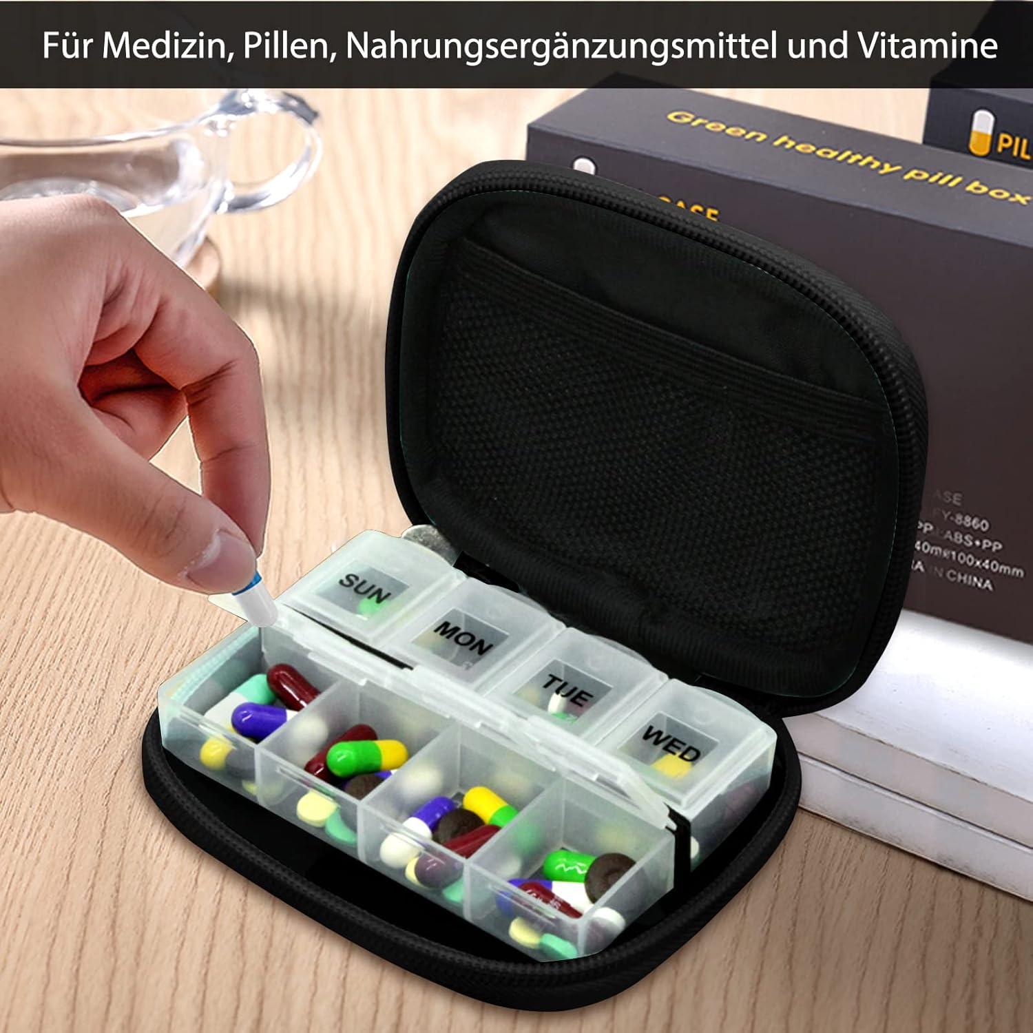 Tablettenbox 7 Tage Medikamentenbox mit Reißverschluss - Schwarz Blüte