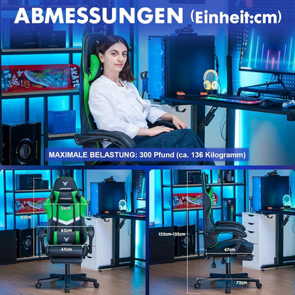 Gaming Stuhl mit verstellbaren Kissen und Fußstütze Grün