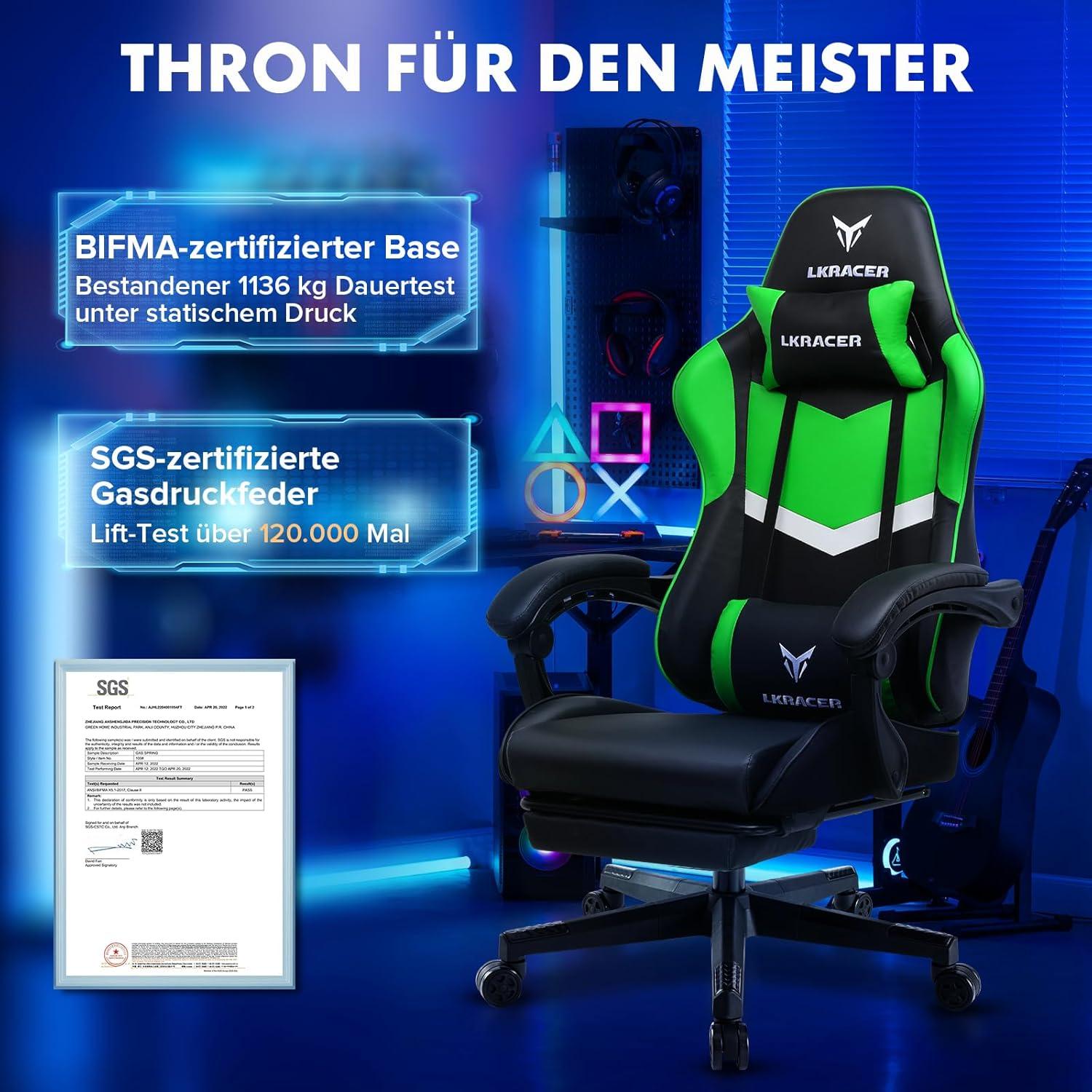 Gaming Stuhl mit Fußstütze Ergonomisch verstellbare Lendenkissen Kopfkissen 150 kg Belastbarkeit Grün