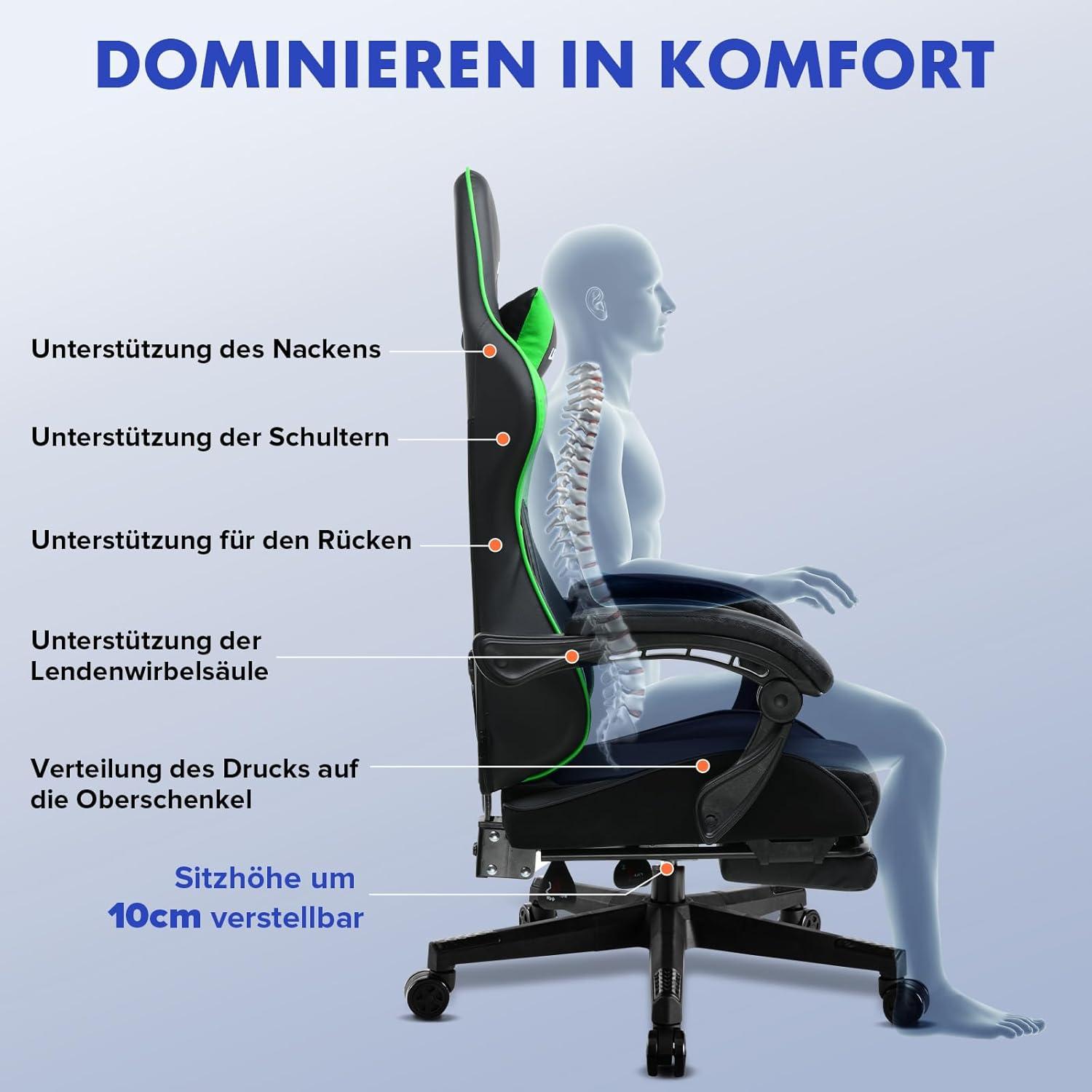 Gaming Stuhl mit Fußstütze Bürostuhl Ergonomisch Kopfkissen Grün
