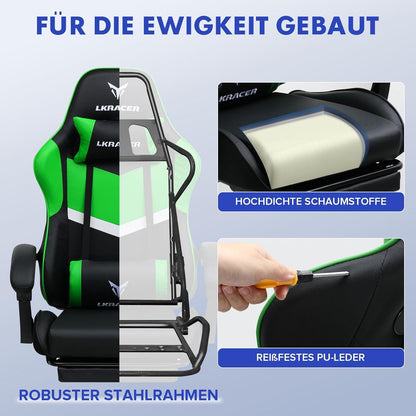 Gaming Stuhl mit Fußstütze Bürostuhl Ergonomisch Kopfkissen Grün
