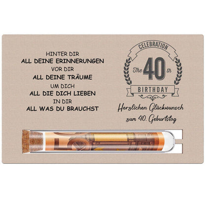 Geldgeschenk 40. Geburtstag mit Reagenzglas & Holzkarte