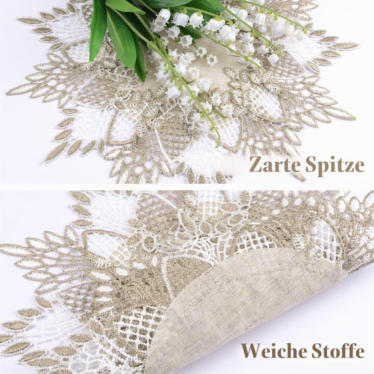 Vintage Leinen Tischdecke 30cm Rund - Beige Spitze