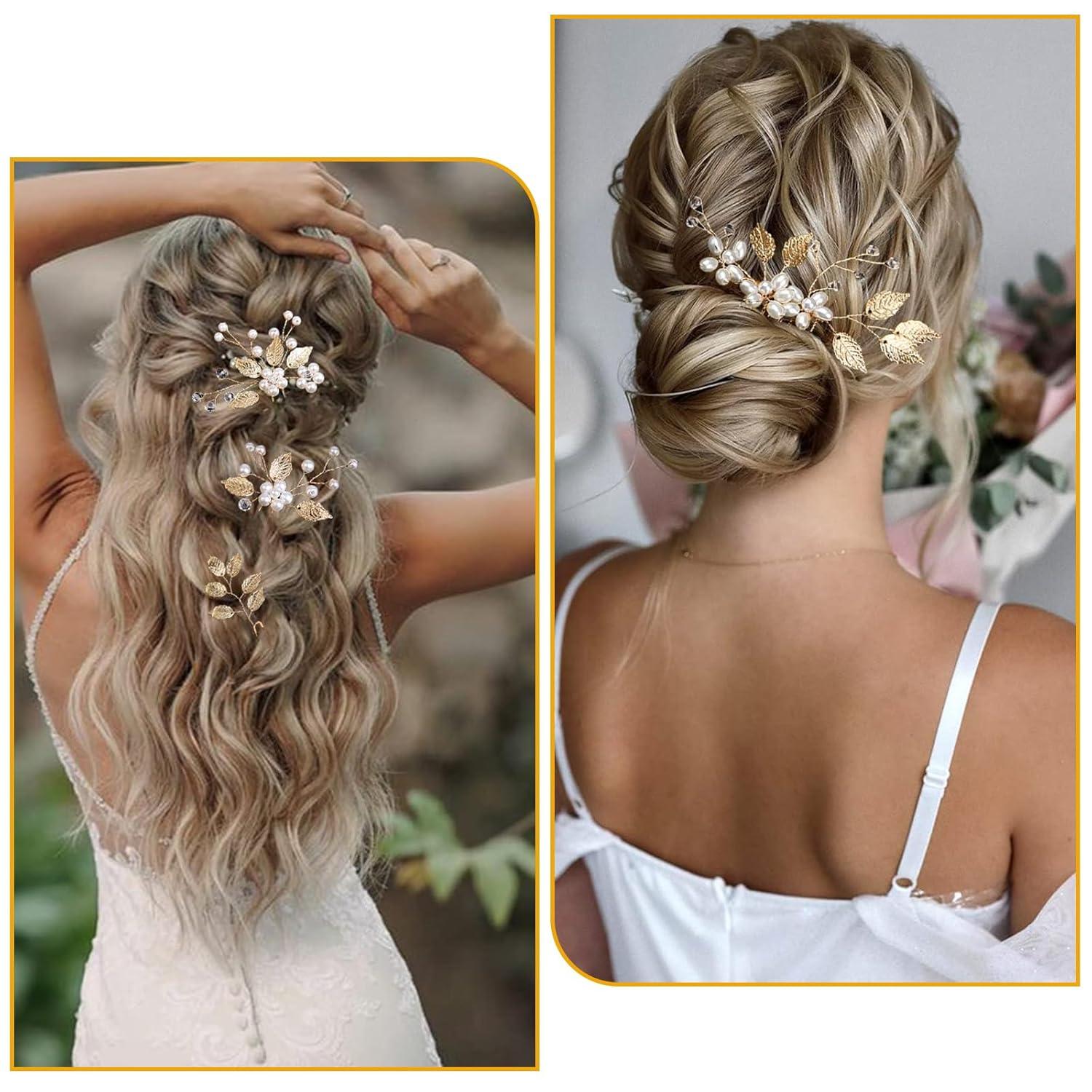 4er Set Brauthaarnadeln Gold Blätter Kristall Vintage Perlen Hochzeit