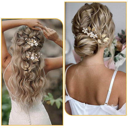 4er Set Brauthaarnadeln Gold Blätter Kristall Vintage Perlen Hochzeit