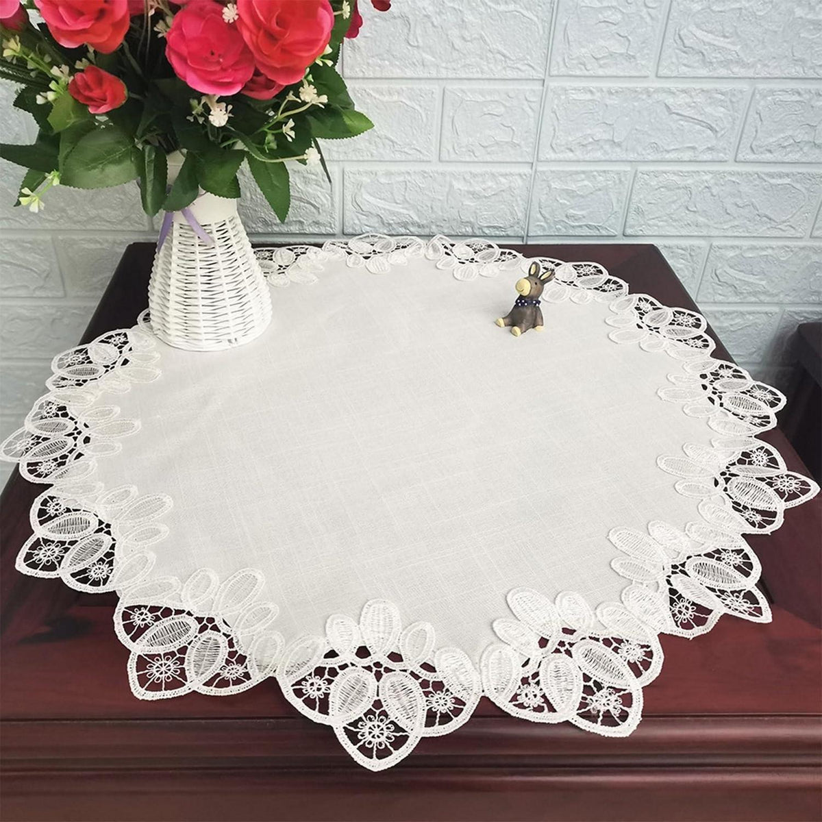 Runde Tischdecke weiß 60x60cm Leinen Spitze Rustikal
