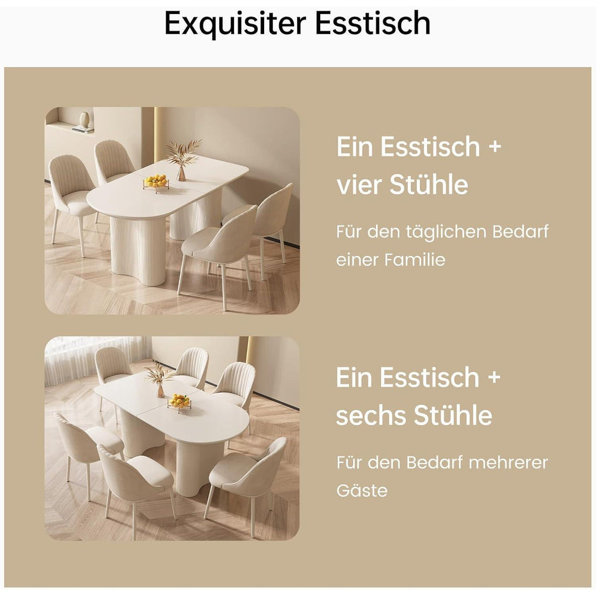 Moderner Esstisch Weiß mit 4 Polsterstühlen – Esszimmer Set 140cm