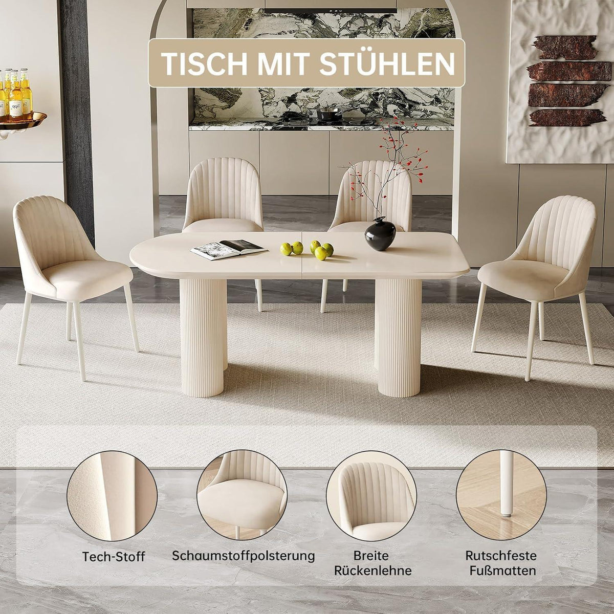 Moderner Esstisch Weiß mit 4 Polsterstühlen – Esszimmer Set 180cm