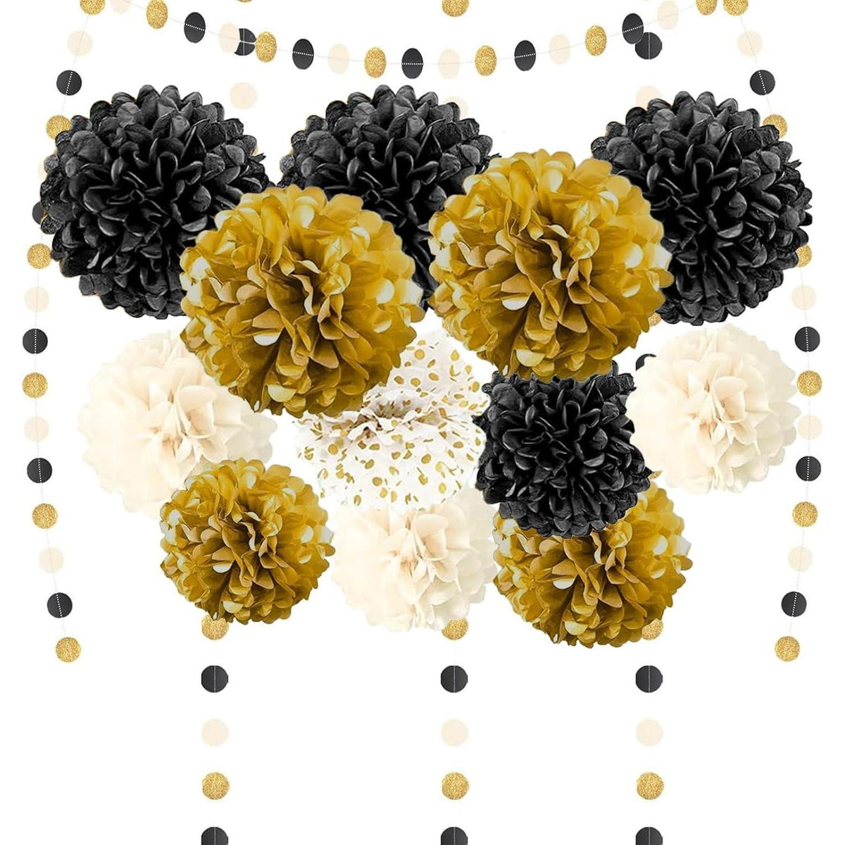 Seidenpapier Pompons Deko Set Schwarz Gold Weiß mit Girlande