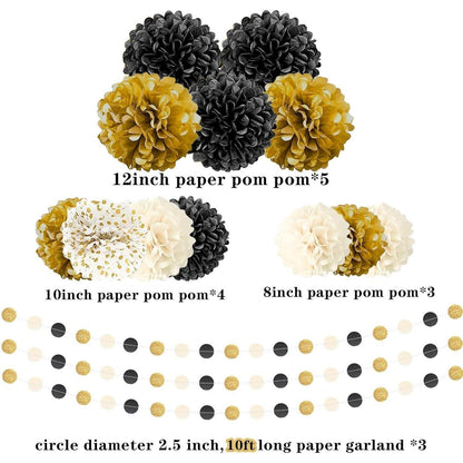 Seidenpapier Pompons Deko Set Schwarz Gold Weiß mit Girlande