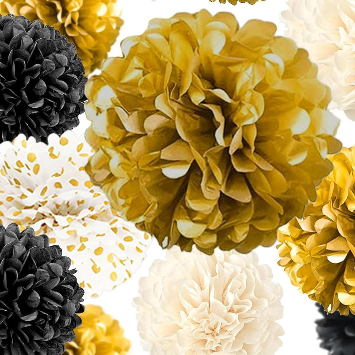 Seidenpapier Pompons Deko Set Schwarz Gold Weiß mit Girlande