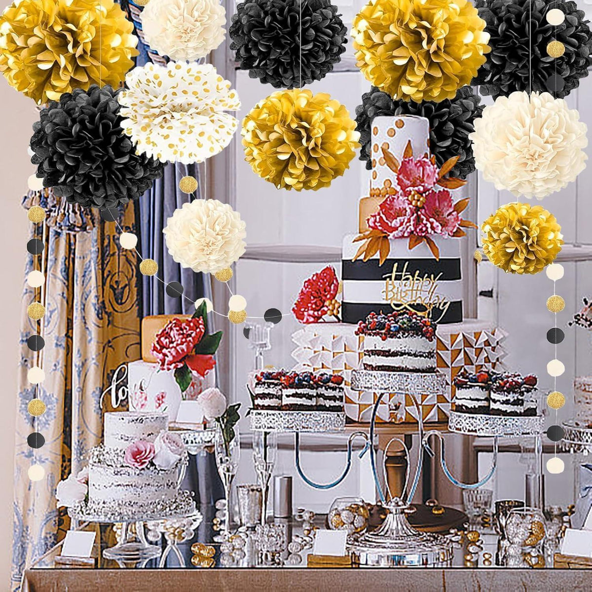 Seidenpapier Pompons Deko Set Schwarz Gold Weiß mit Girlande