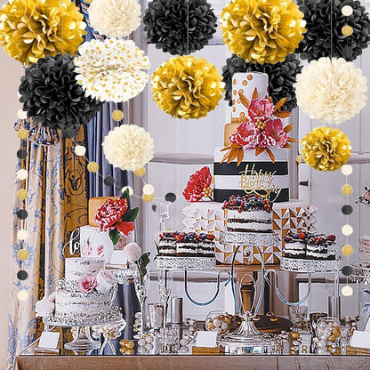 Seidenpapier Pompons Deko Set Schwarz Gold Weiß mit Girlande