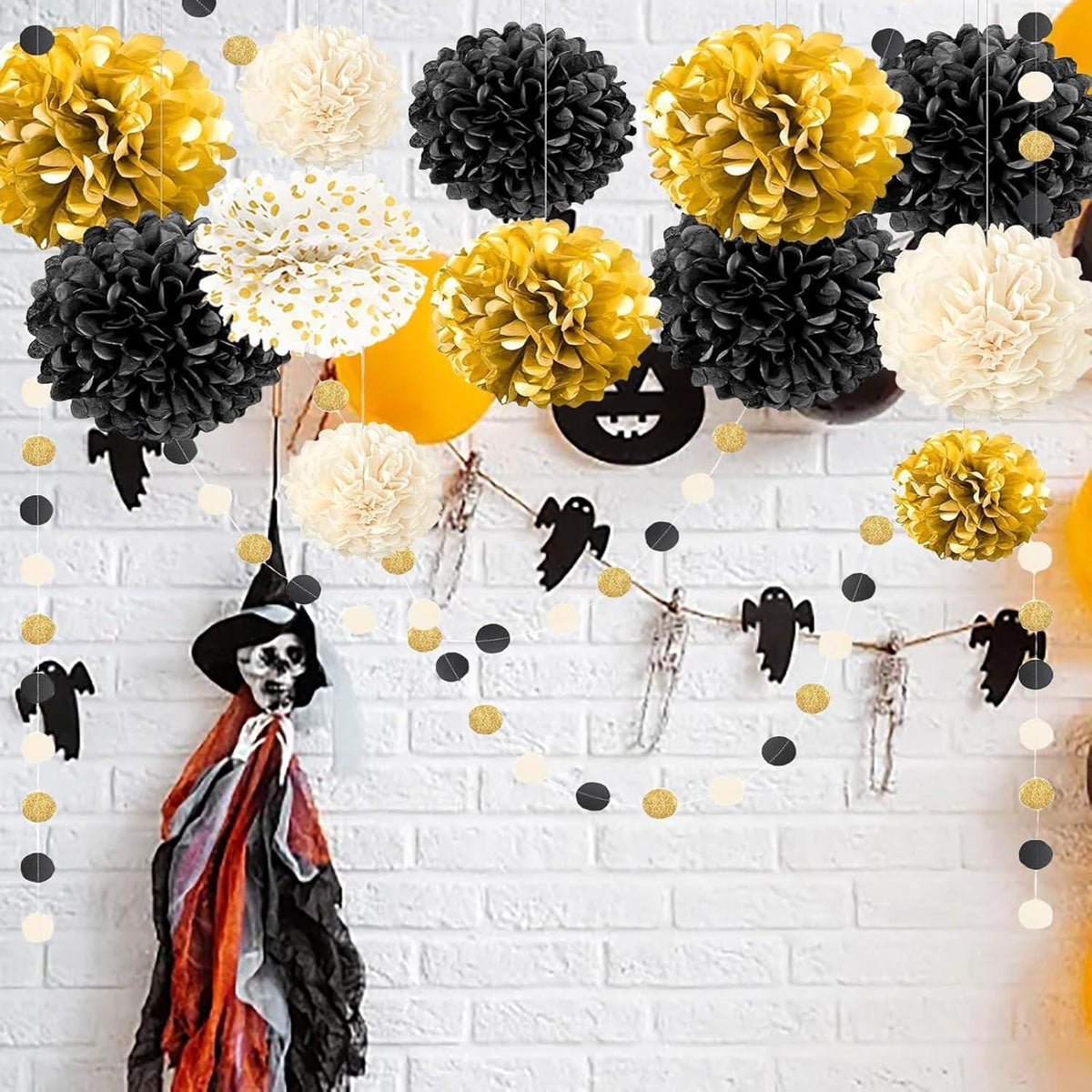 Seidenpapier Pompons Deko Set Schwarz Gold Weiß mit Girlande