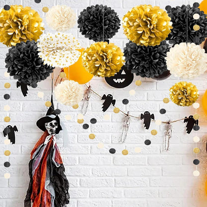 Seidenpapier Pompons Deko Set Schwarz Gold Weiß mit Girlande