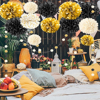 Seidenpapier Pompons Deko Set Schwarz Gold Weiß mit Girlande