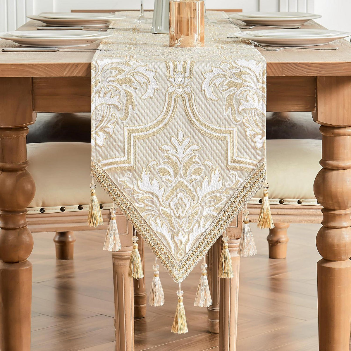 Tischläufer mit Quasten, Jacquard, Weiß & Gelb, 33x228cm