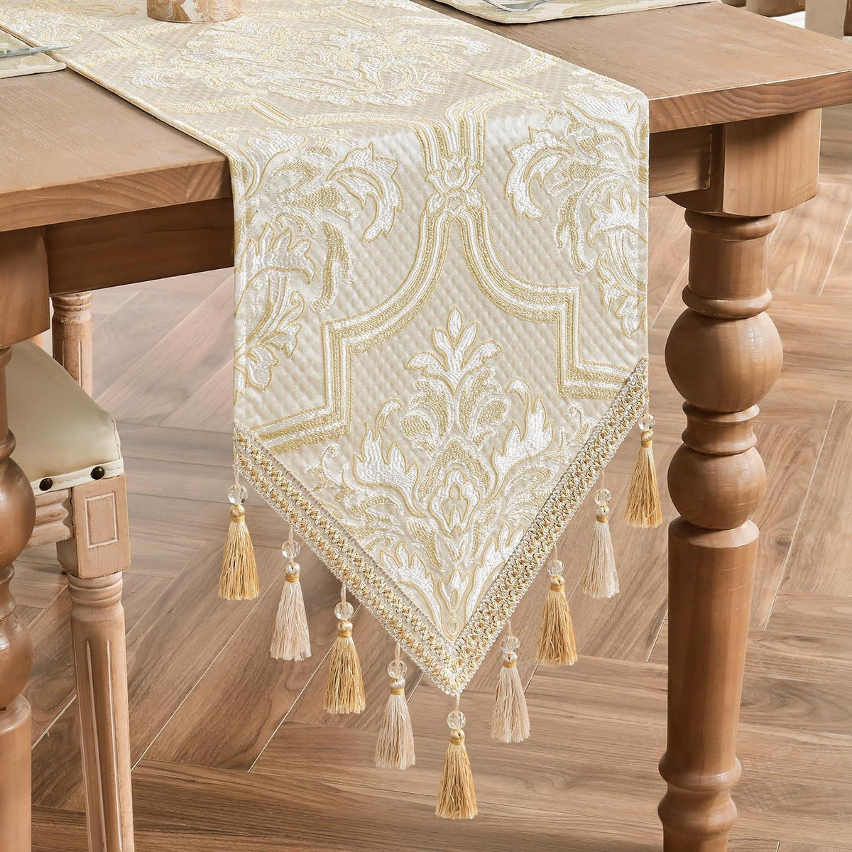 Tischläufer mit Quasten, Jacquard, Weiß & Gelb, 33x228cm