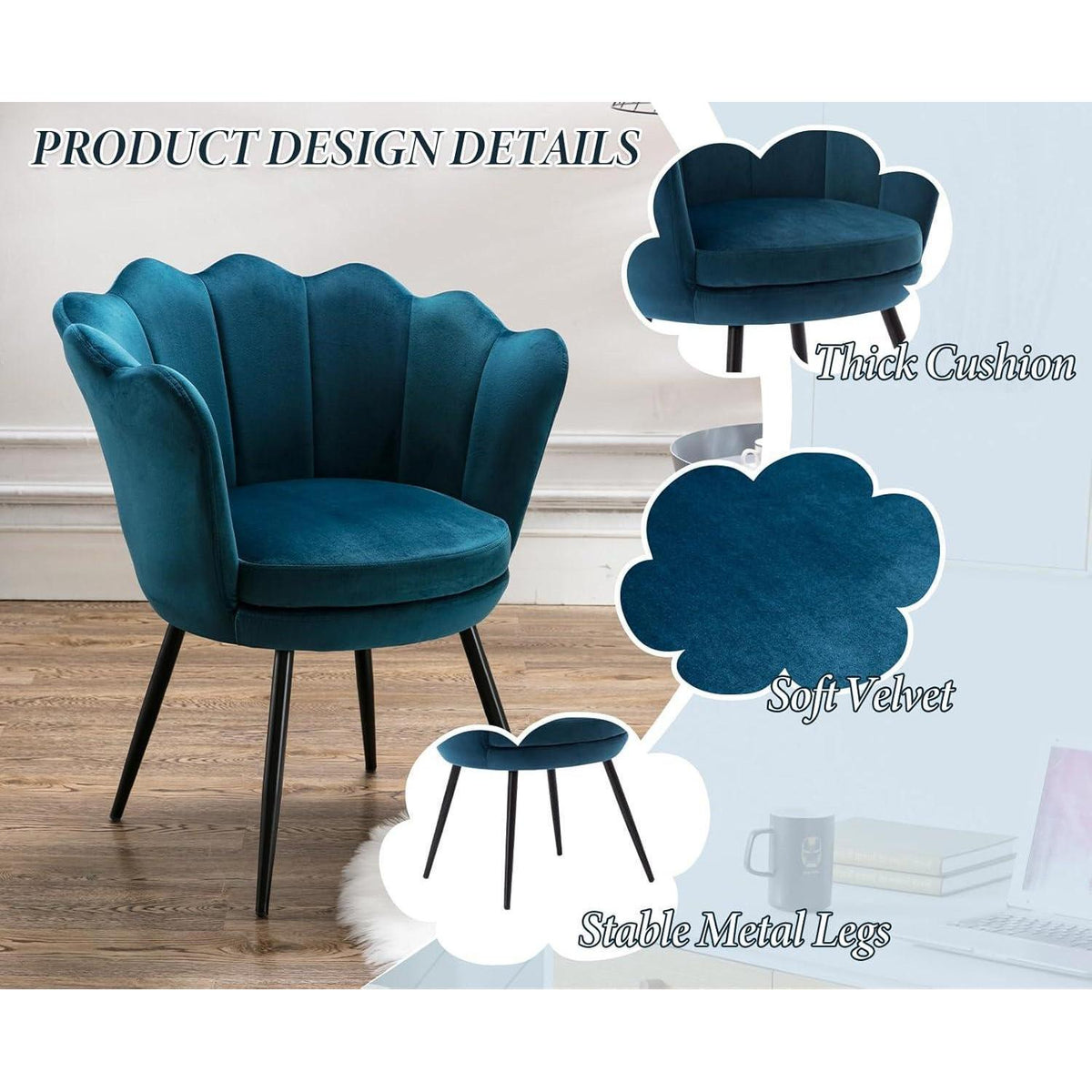 Samt Sessel Wohnzimmer mit Blumenform & Schwarz Beinen – Teal