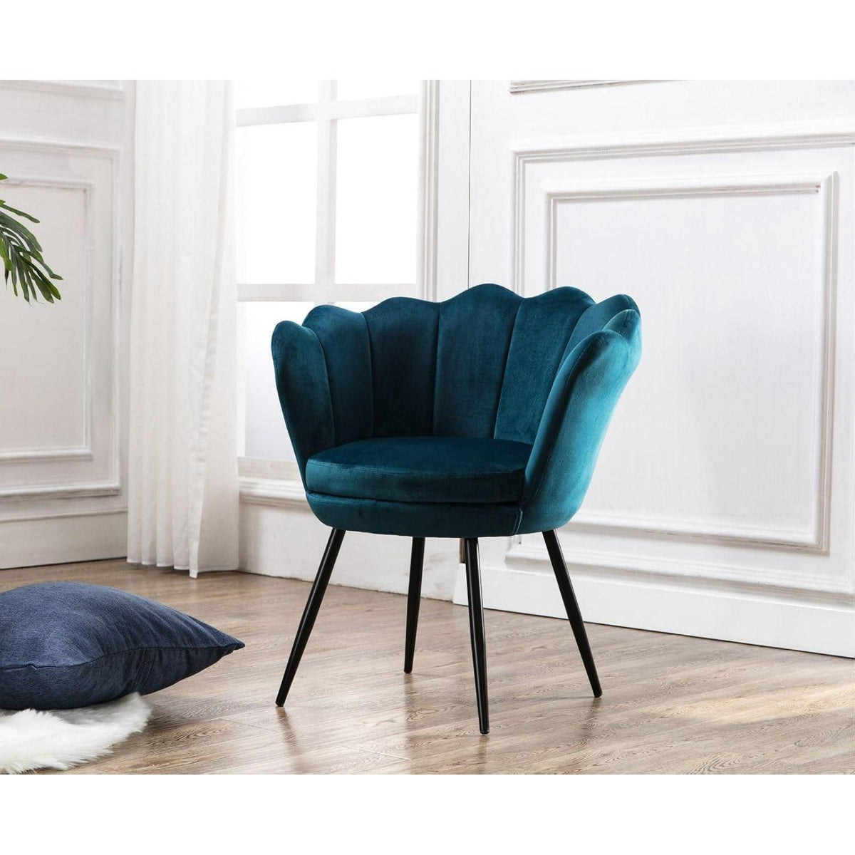Samt Sessel Wohnzimmer mit Blumenform & Schwarz Beinen – Teal