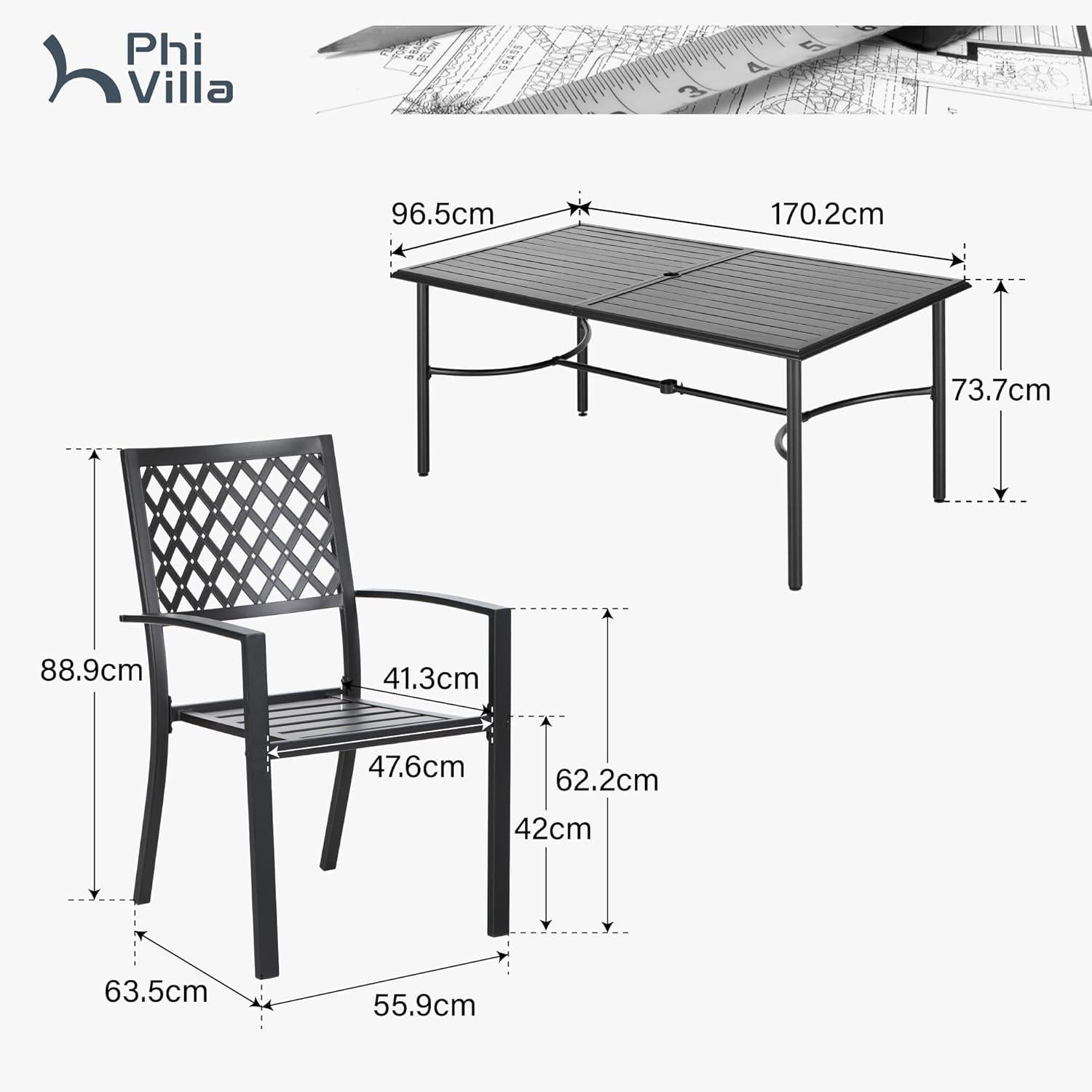 Gartenmöbel Set mit Tisch und 6 stühlen, Schwarz, Wetterfest, Metall