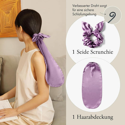 Seidige Schlafhaube & Haargummi Set 100% Maulbeerseide Lavendel