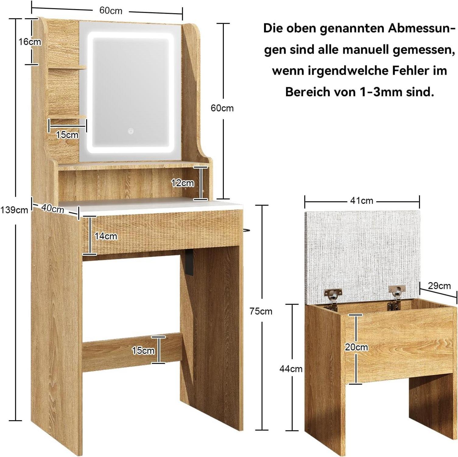 Schminktisch mit LED-Beleuchtung, Spiegel, Schublade & Hocker