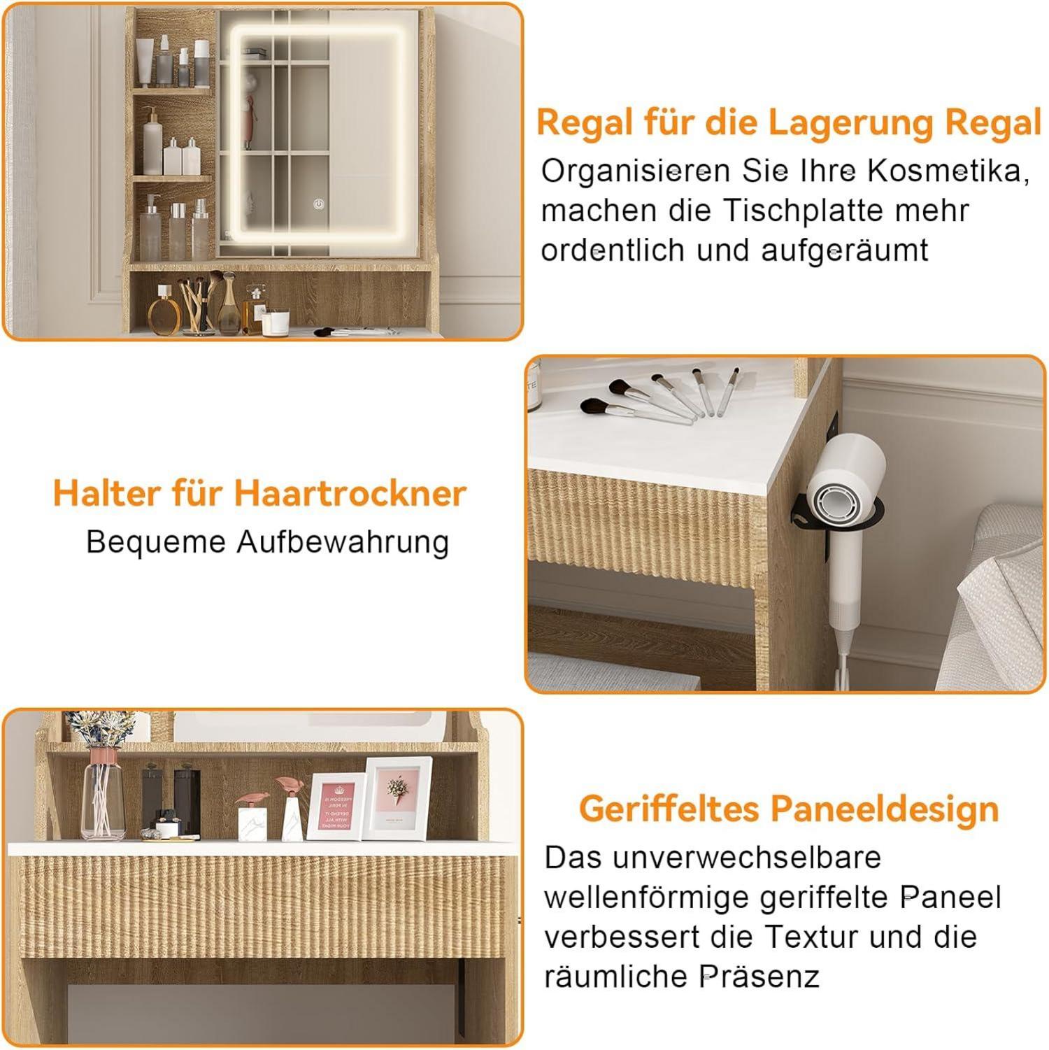 Schminktisch mit LED-Beleuchtung, Steckdose, Spiegel, Hocker, Stauraum