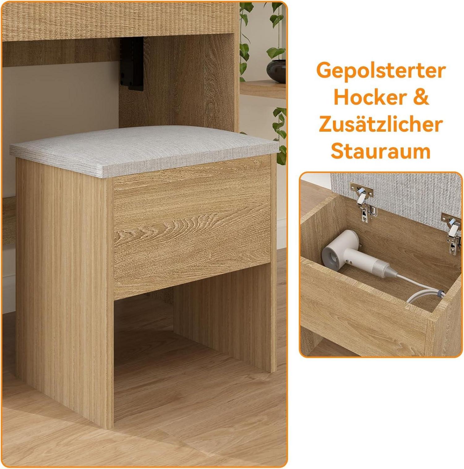 Schminktisch mit LED-Spiegel, Hocker und Stauraum, 3 Farben
