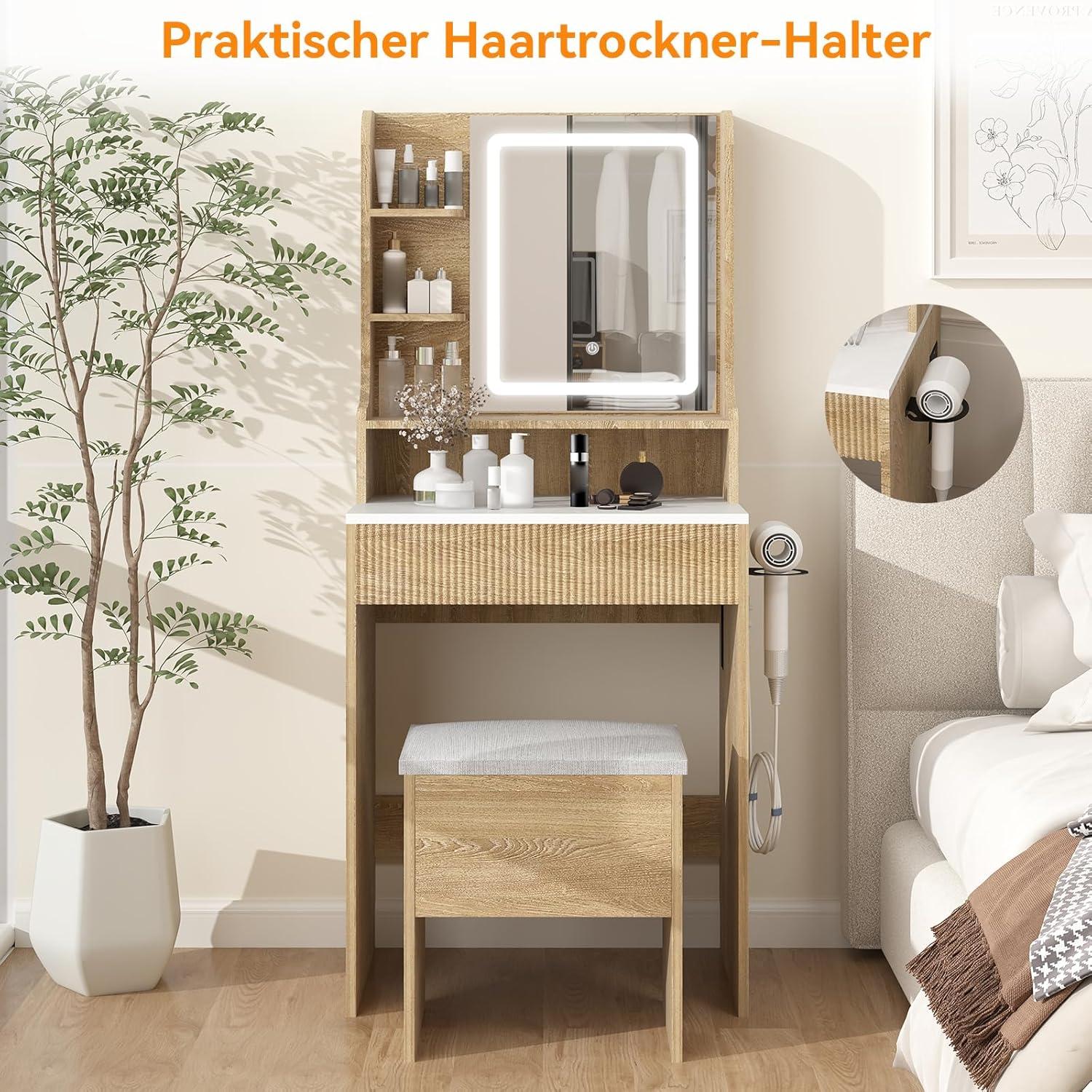 Schminktisch mit LED-Beleuchtung, Steckdose, Spiegel, Hocker, Stauraum