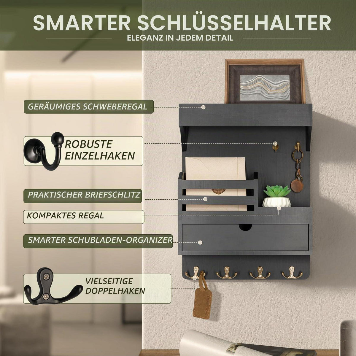 Moderner Schlüsselhalter mit Schublade und Wandregal