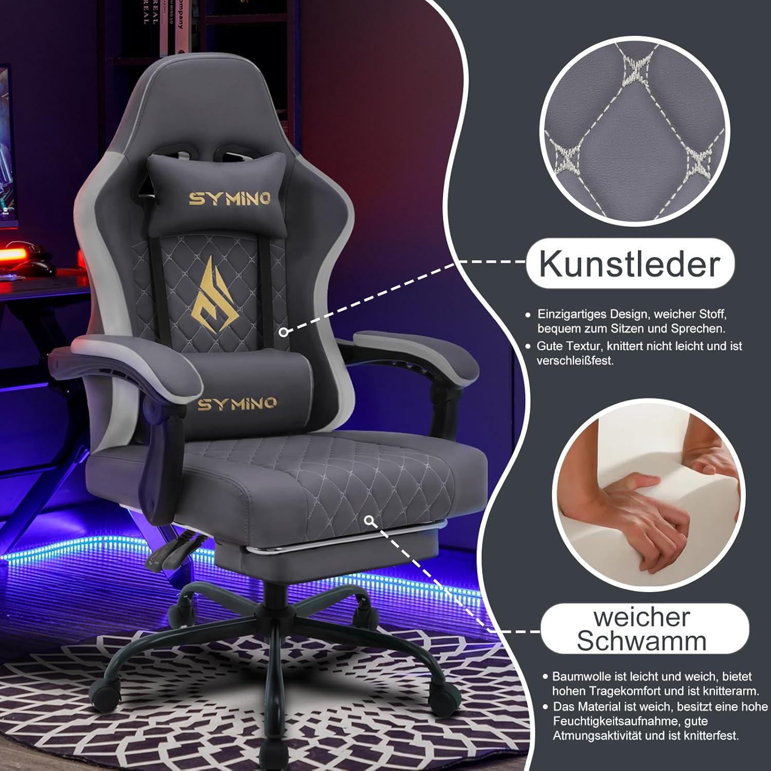 Symino Gaming Chair mit Lendenwirbelstütze und Fußstütze, Vintage PU Leder, Dark Grey