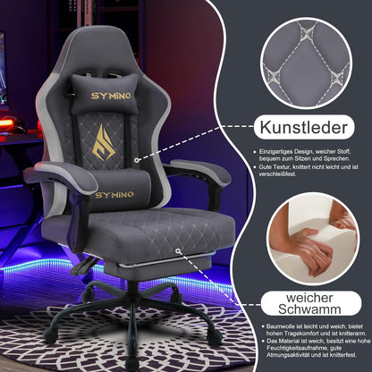 Symino Gaming Chair mit Lendenwirbelstütze und Fußstütze, Vintage PU Leder, Dark Grey