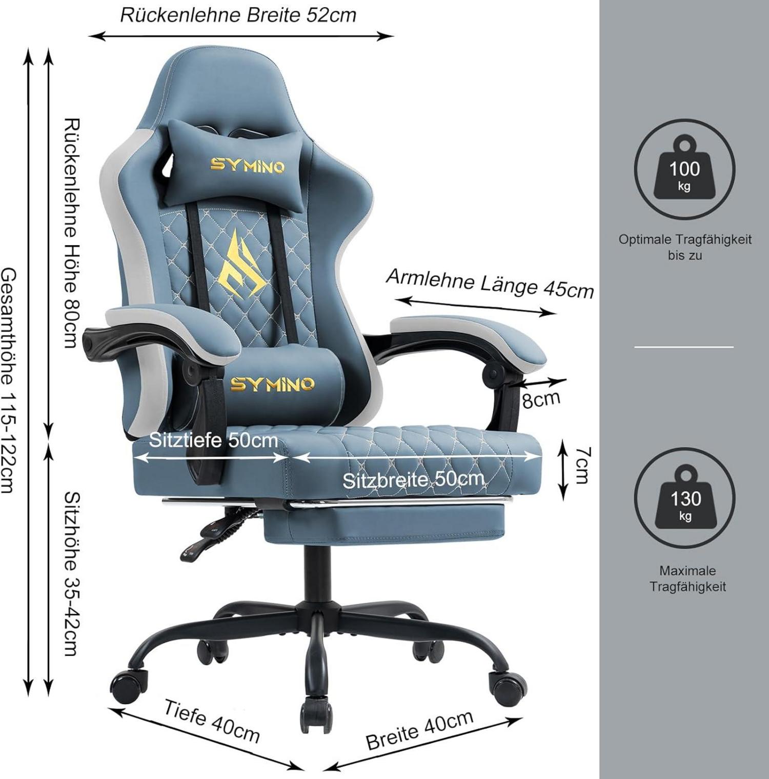 Ergonomischer Gaming Stuhl mit Fußstütze und Lendenwirbelstütze