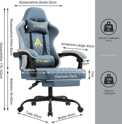 Ergonomischer Gaming Stuhl mit Fußstütze und Lendenwirbelstütze