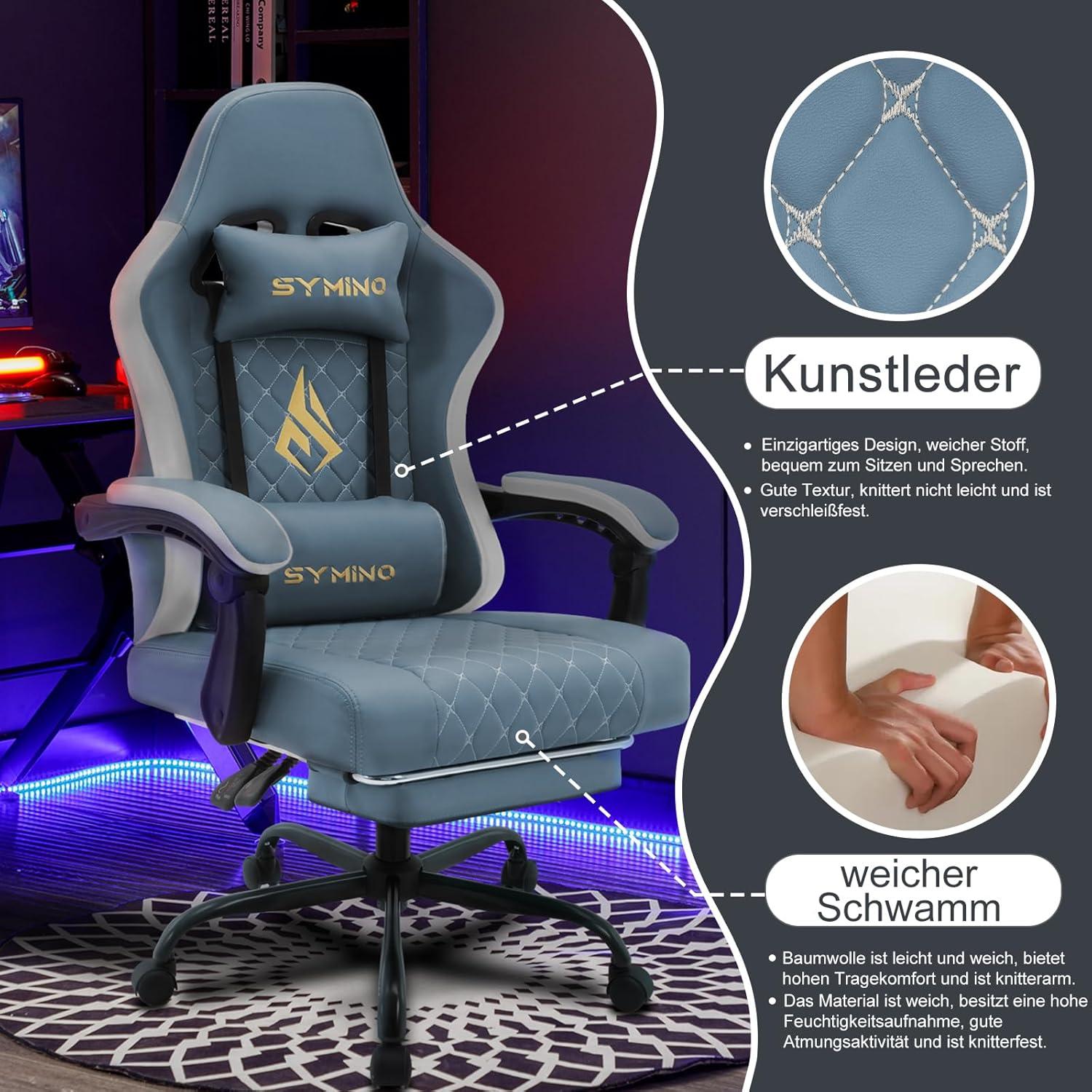 Symino Gaming Stuhl Racing Gamer Stuhl mit Fußstütze und PU Leder - Blau