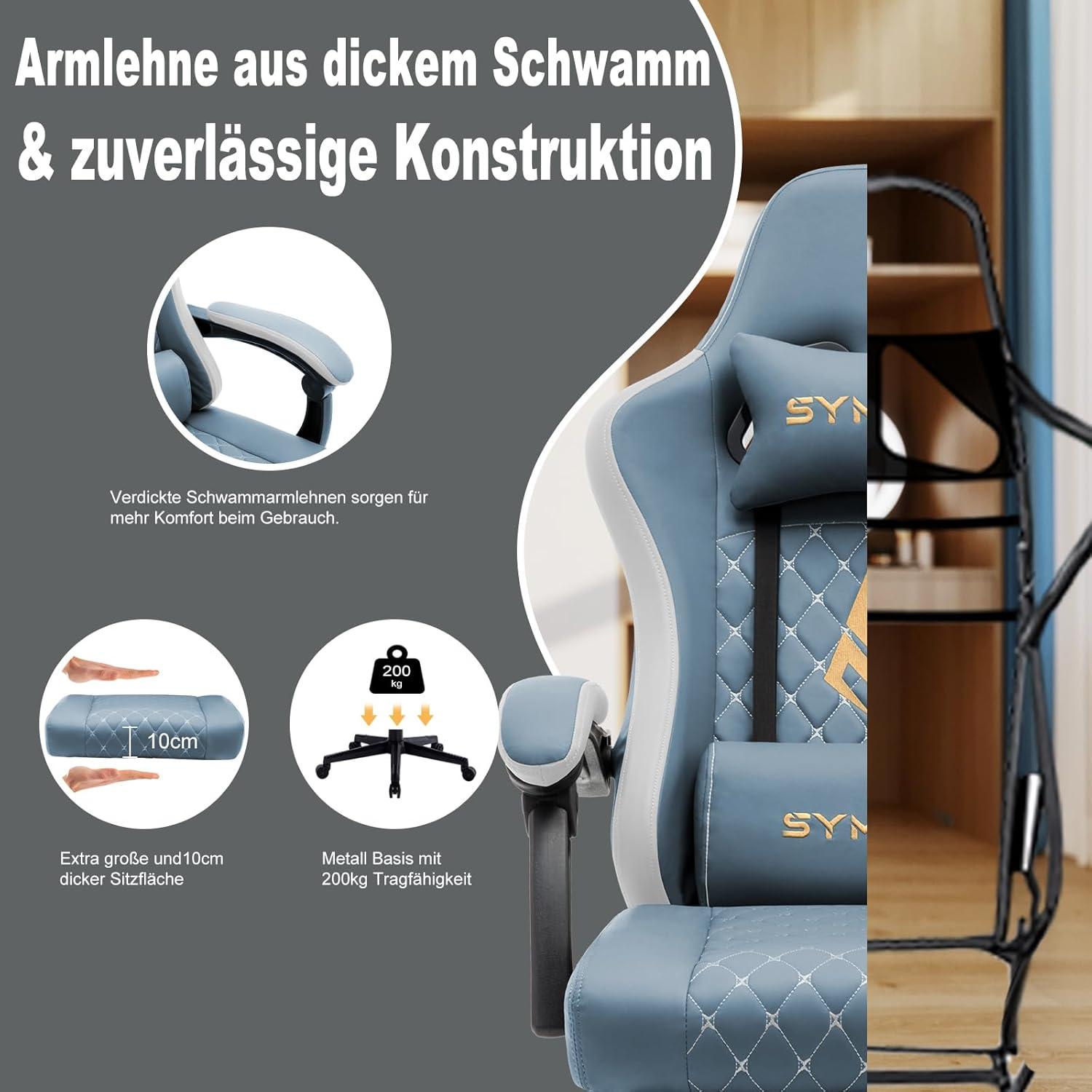 Gaming Stuhl Symino Racing Gamer Sessel Lendenwirbelstütze Fußstütze PU-Leder