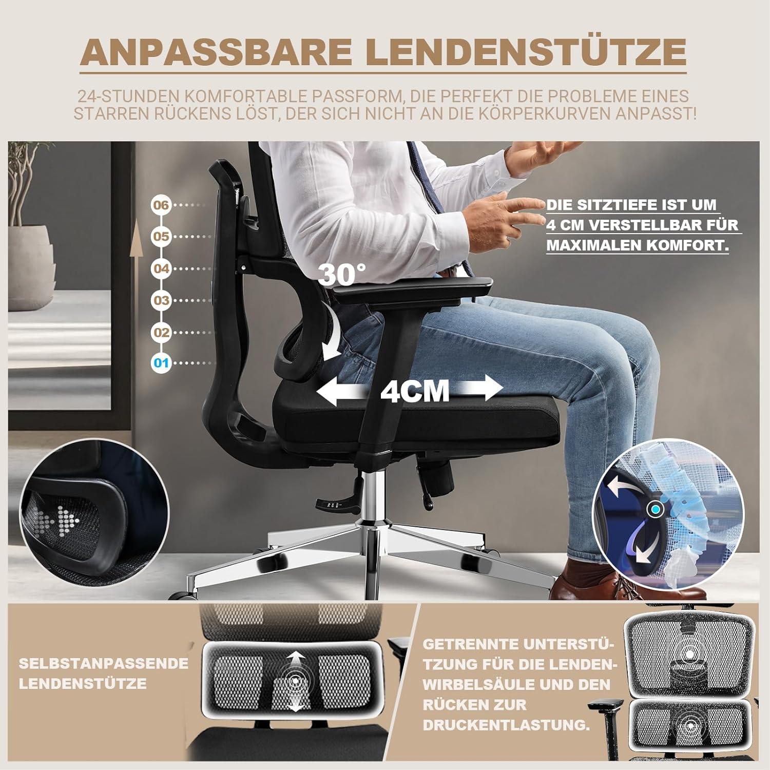 Ergonomischer Bürostuhl 200KG mit Leisen Gummirollen & 4D-Armlehnen