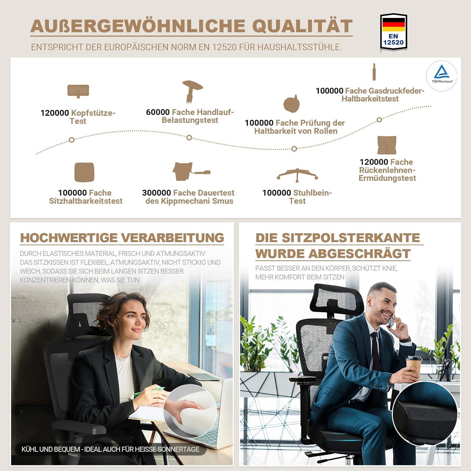 Ergonomischer Bürostuhl 200KG mit 4D-Armlehnen & leisen Gummirollen
