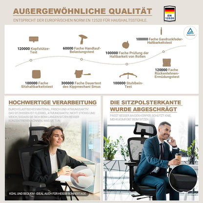 Ergonomischer Bürostuhl 200KG mit 4D-Armlehnen & leisen Gummirollen