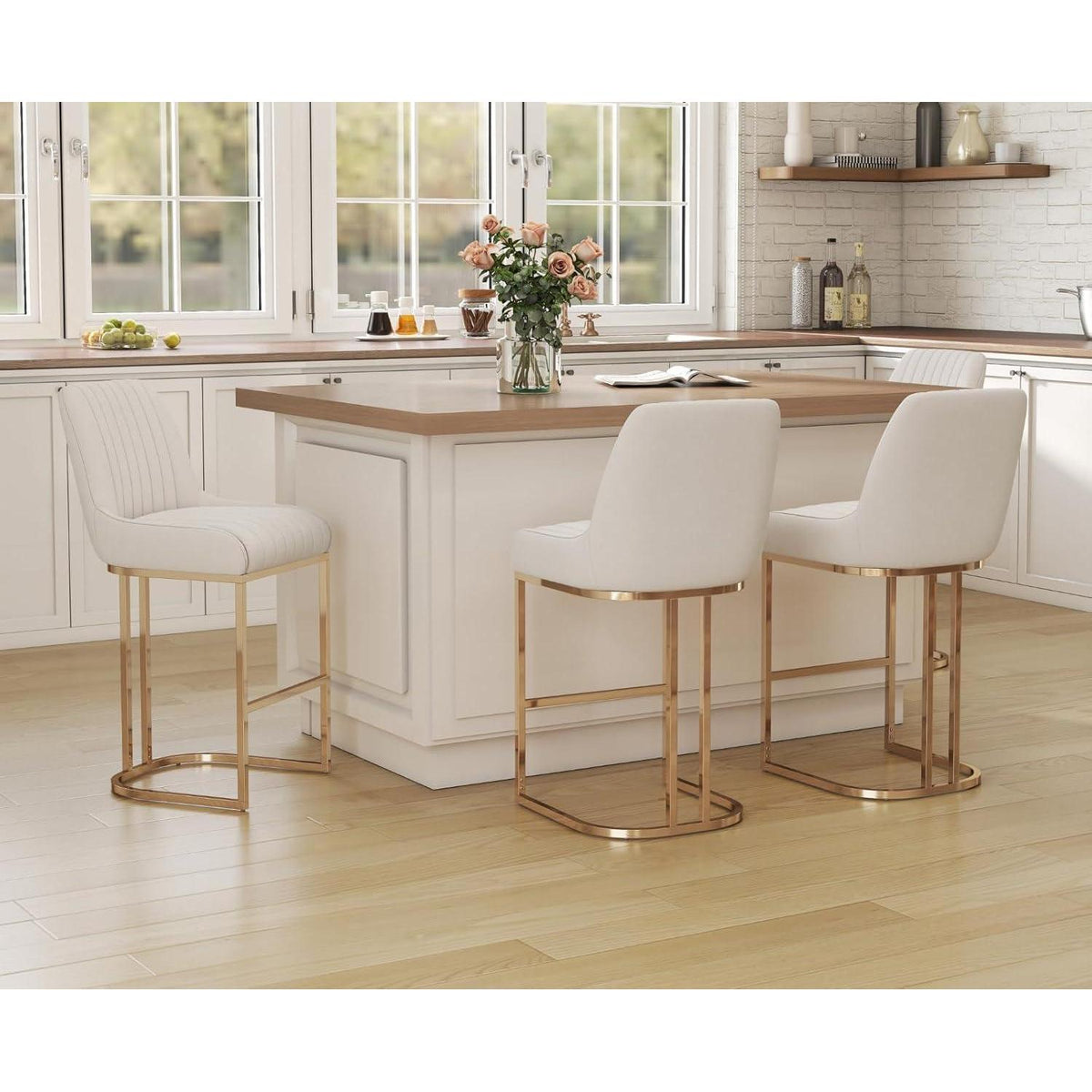 Barhocker Set 2er – Samt, Goldenes Metallbein, Weiß