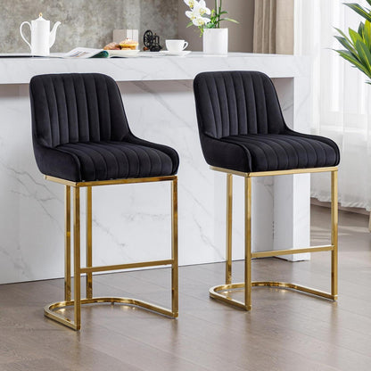 Barhocker Set 2er – Samt, Goldenes Metallbein, Schwarz