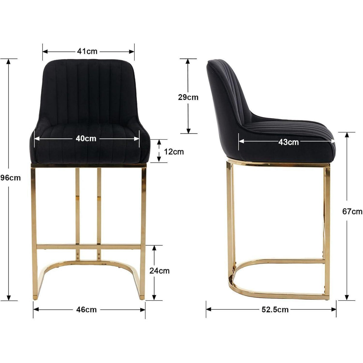 Barhocker Set 2er – Samt, Goldenes Metallbein, Schwarz